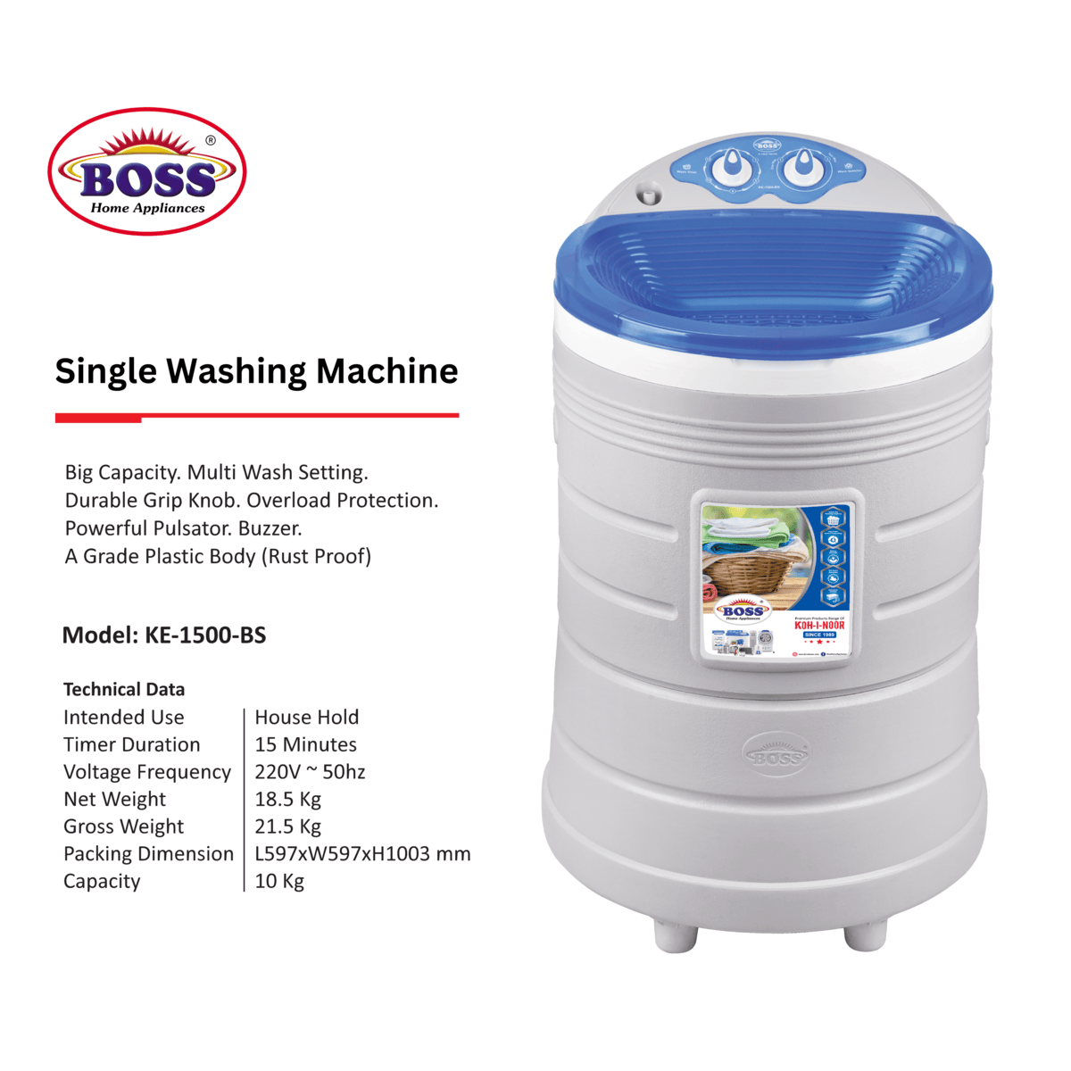 BOSS Single Washing Machine KE 1500-BS (10Kg)